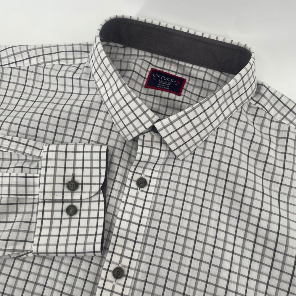 UNTUCKit Button Down Mens XXL White Grey Grid Check Wrinkle Free Cotton Shirt